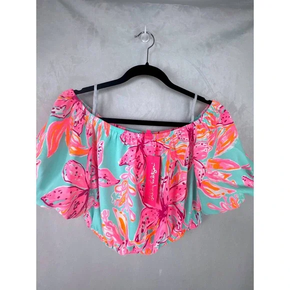 Lilly Pulitzer Esmeray Crop Top Bonita Blooms Pink Blue Off Shoulder NWT L - Picture 3 of 8